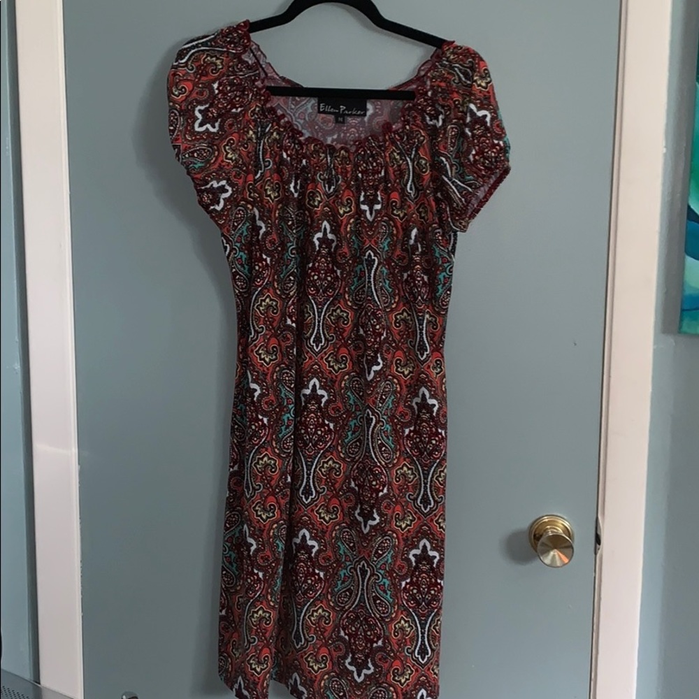 Red Patterned Midi Dress with Billowed Sleeves